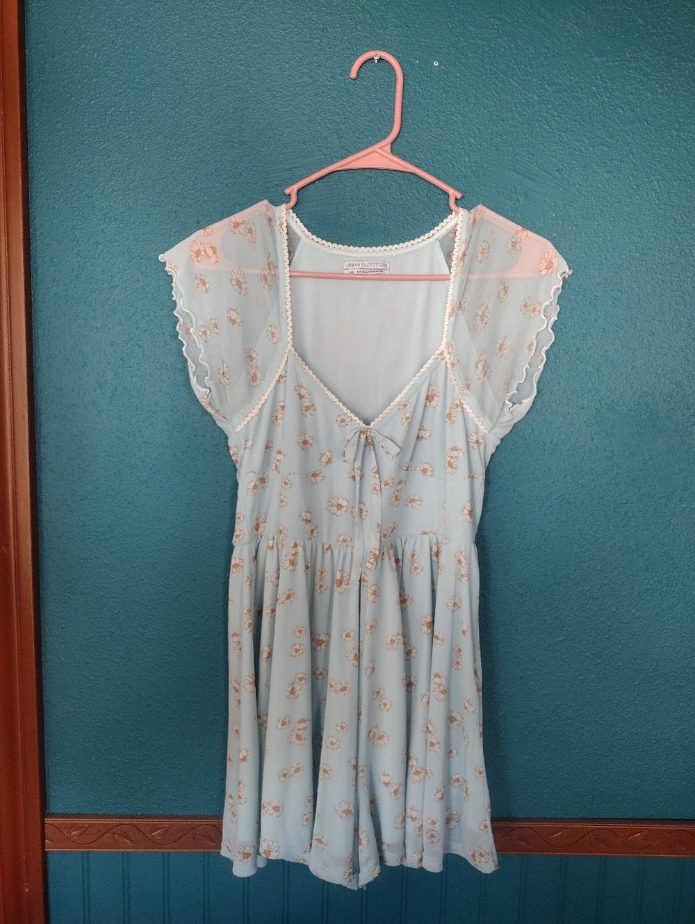 Urban Outfitters Coquette Pastel Blue Lace-Trim Front Bow Detail Floral Romper